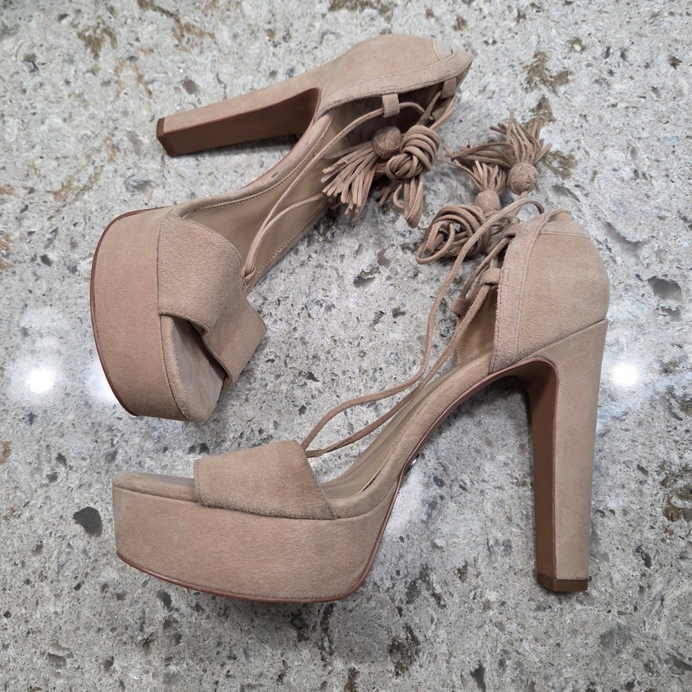 Michael‎ Kors Suede Lace Up Tassel Platform Block Heels Tan Women's Shoes - Picture 2 of 16